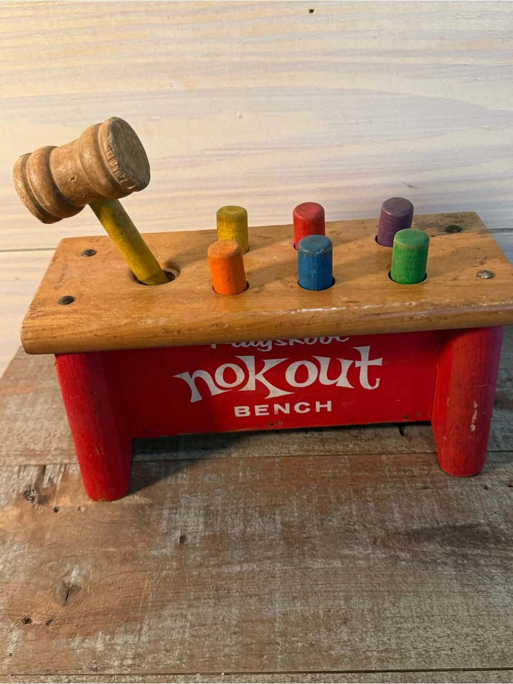Vintage Playskool Nok Out Bench Wooden Childs Toy Pegs & Hammer Mallet